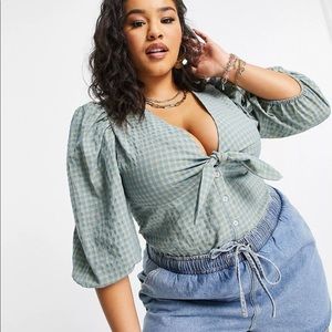 Olivia Bowen puff sleeve bow tie front crop top